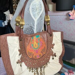 Brown & Cream Embroidered Tote Bag with Metallic Accents